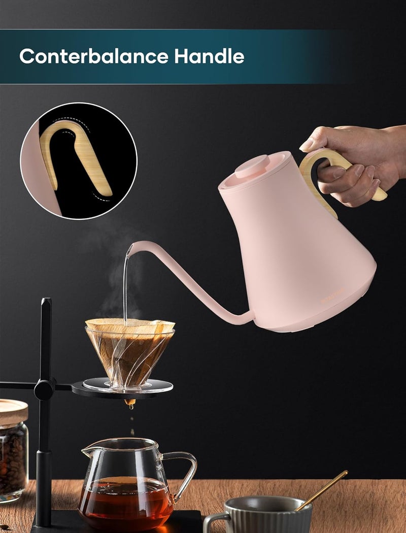 intasting Gooseneck Electric Kettle with ±1℉ Temperature Control for Pour Over Coffee & Tea, Quick Heating, BPA-Free Stainless Steel, Built-in Brew Timer, 1500W/0.9L (Petal Pink) - Image 3